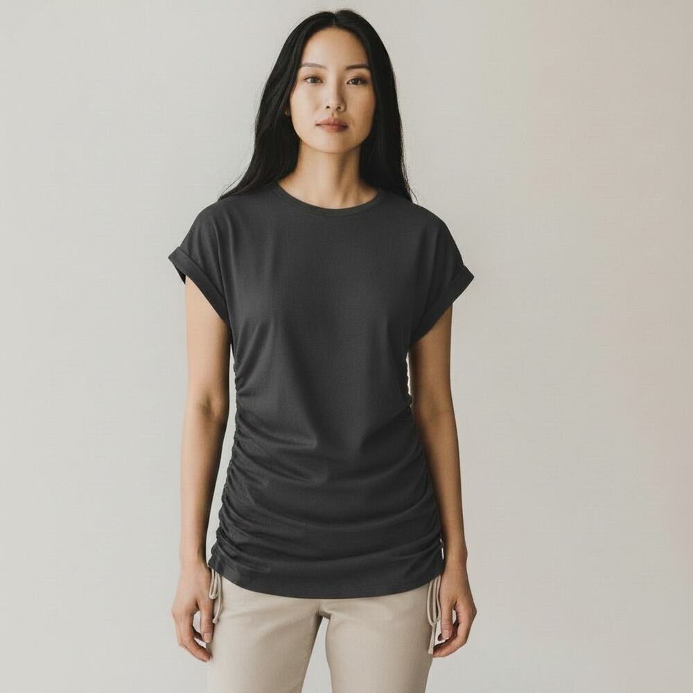 NWT Soya Concept Black Scoop Neck Short Sleeve Ruched Sides Top #1758 Size XXL